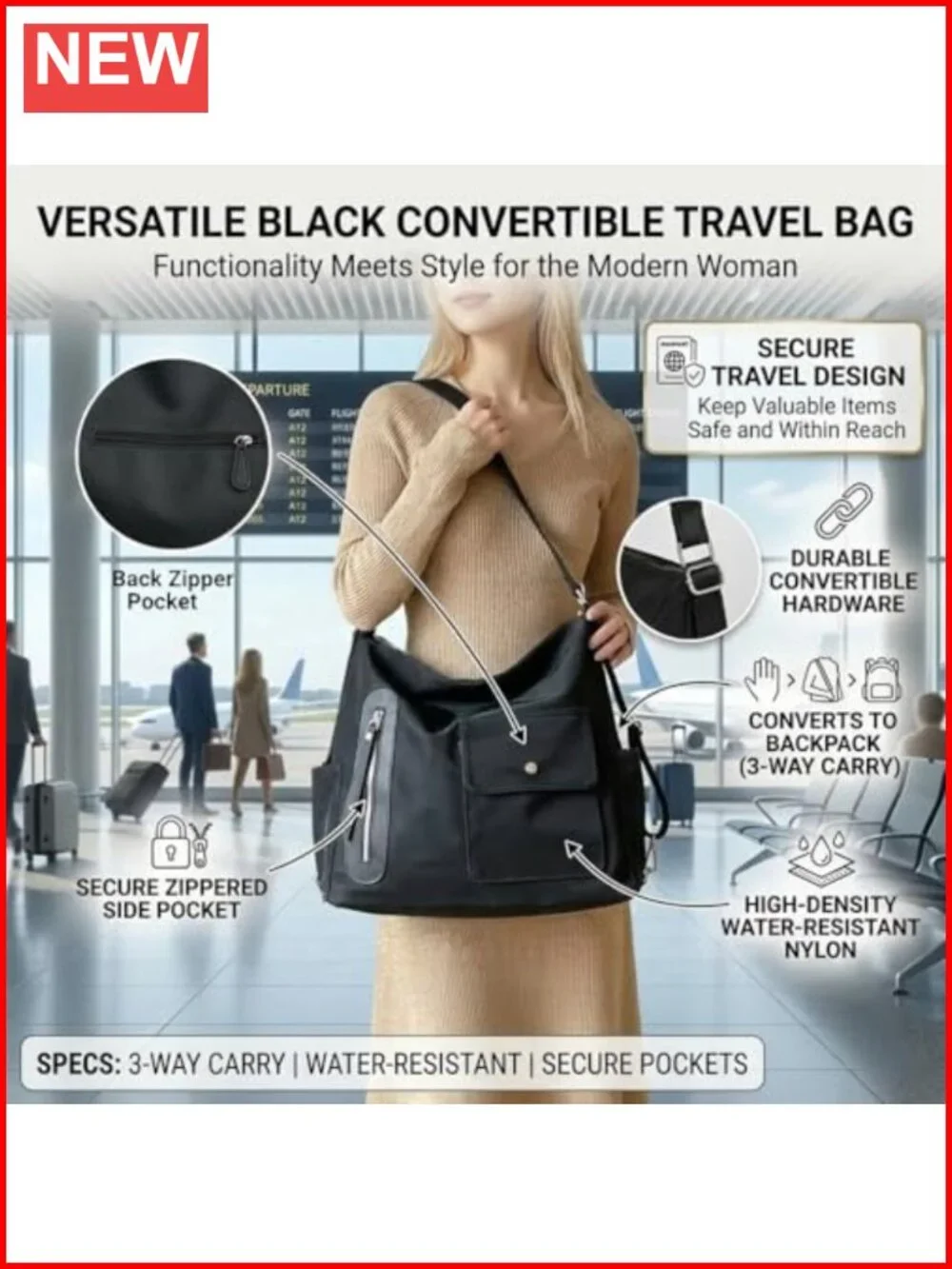3-in-1 Convertible Backpack Hobo Shoulder Bag Waterproof PU-Coated Nylon Fits